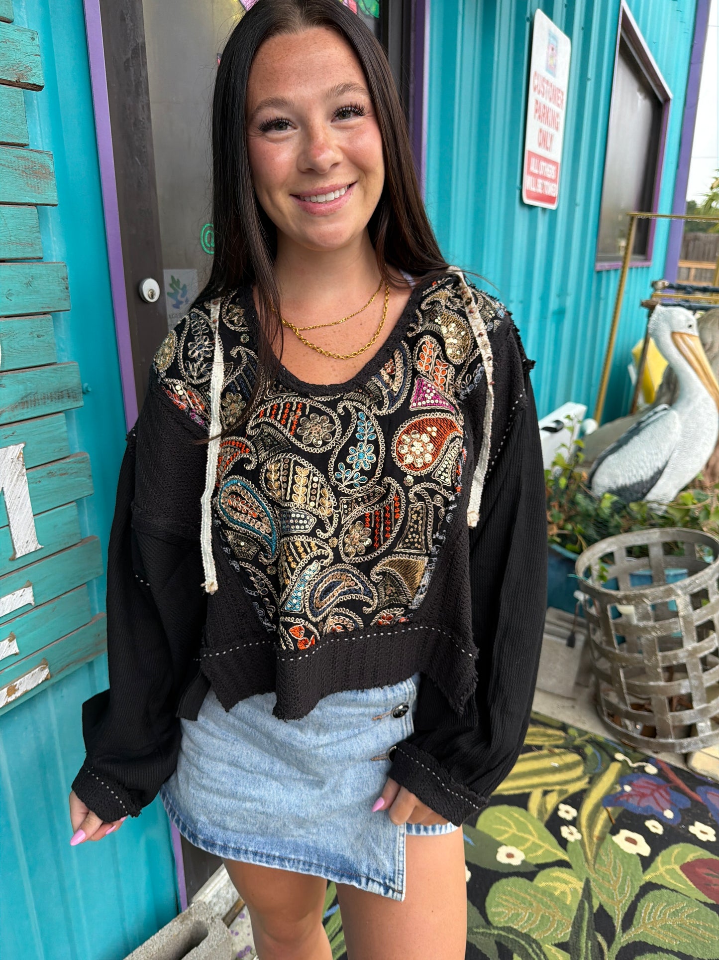 Black Paisley Hooded Sequined Jacket