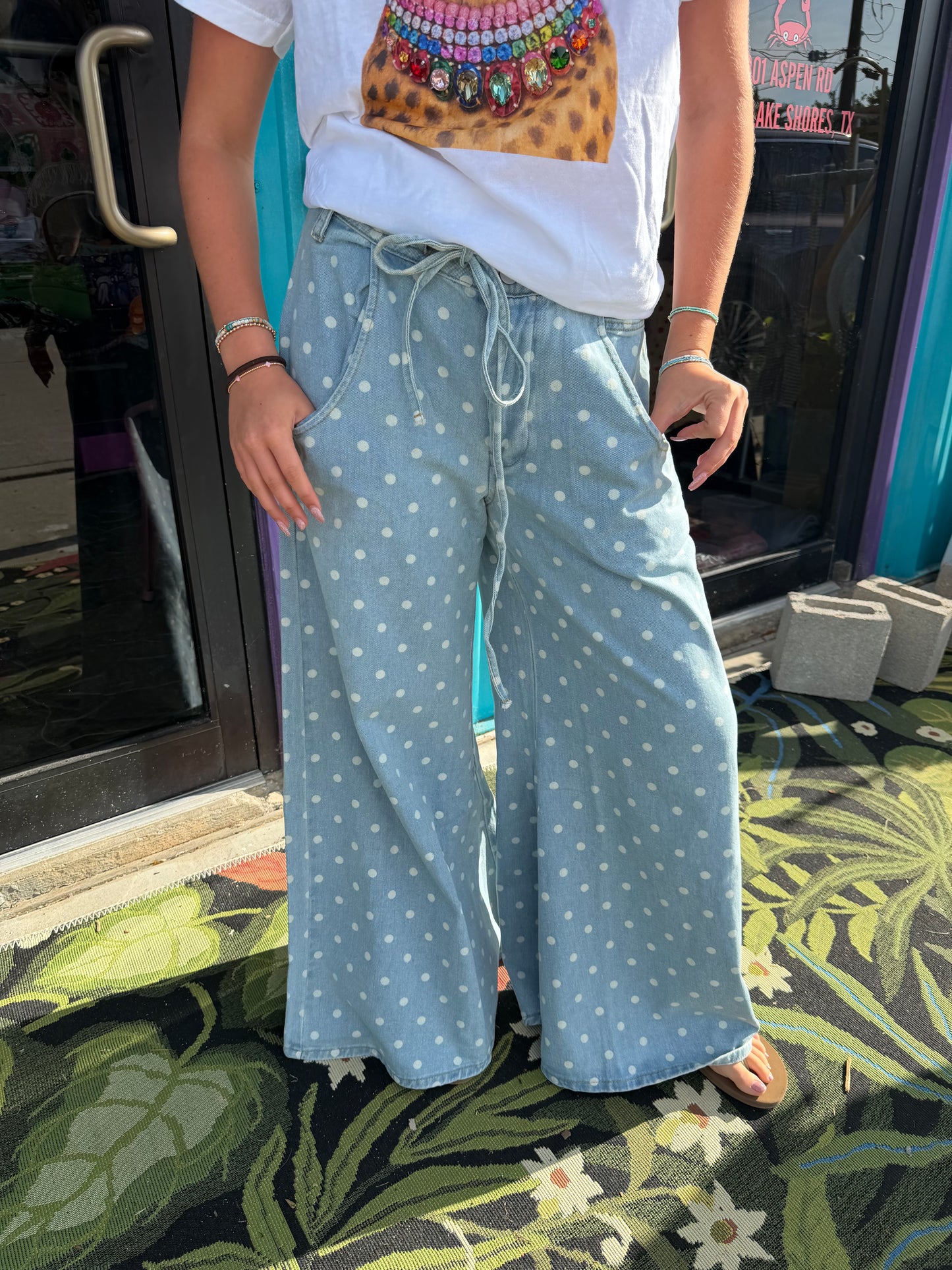 Polka Dot Wide-Leg Denim Pants