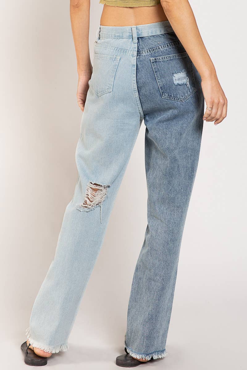 Distressed Edge Color Block Denim Pants