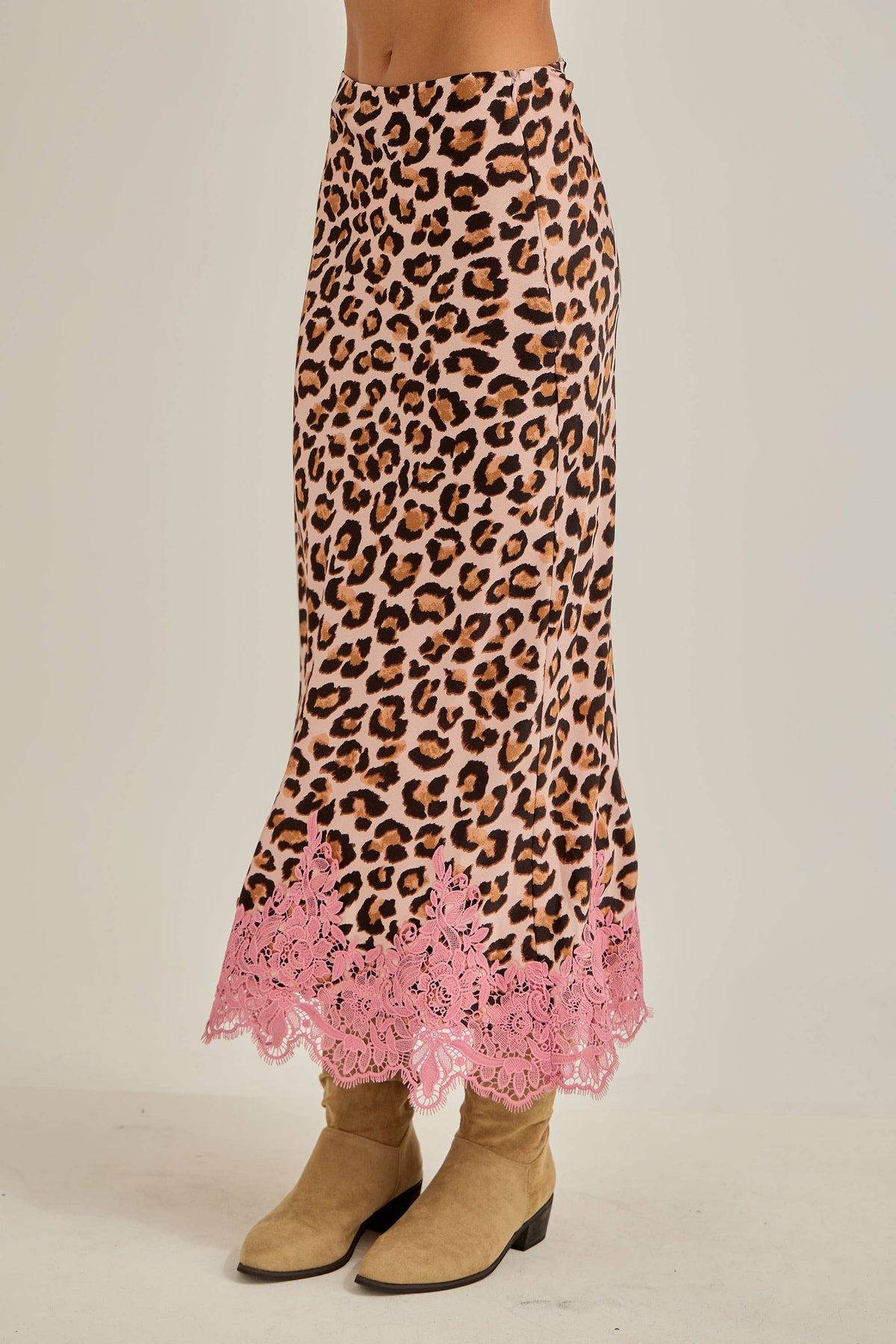 Leopard with lace hem fit & flare bias maxi skirt