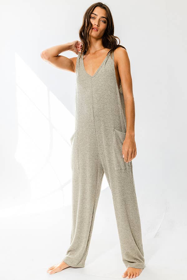 Olive Oversize Tank Textured Knit Jumpsuit With Pockets