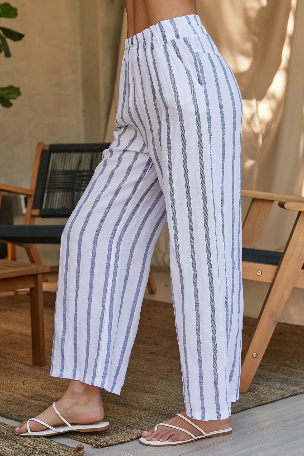 White and Blue Striped Linen Pants