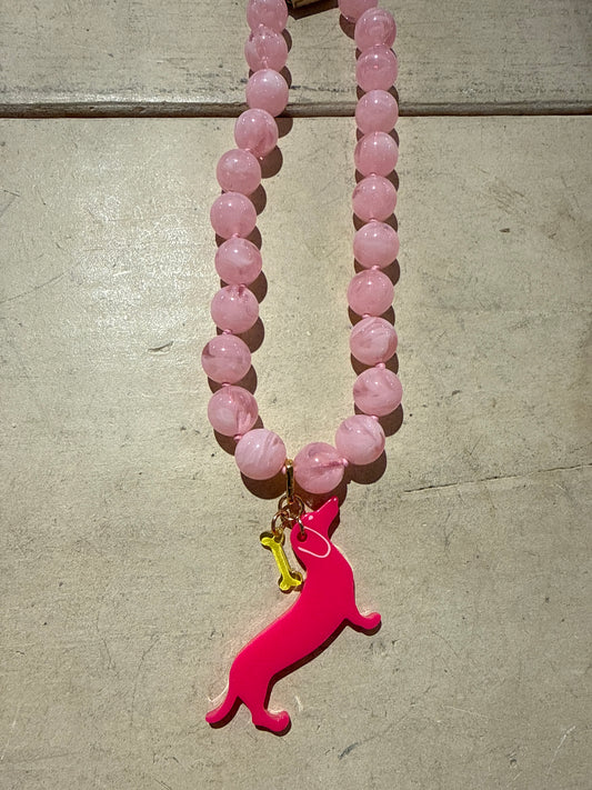 Pink Beaded Weiner Dog Necklace