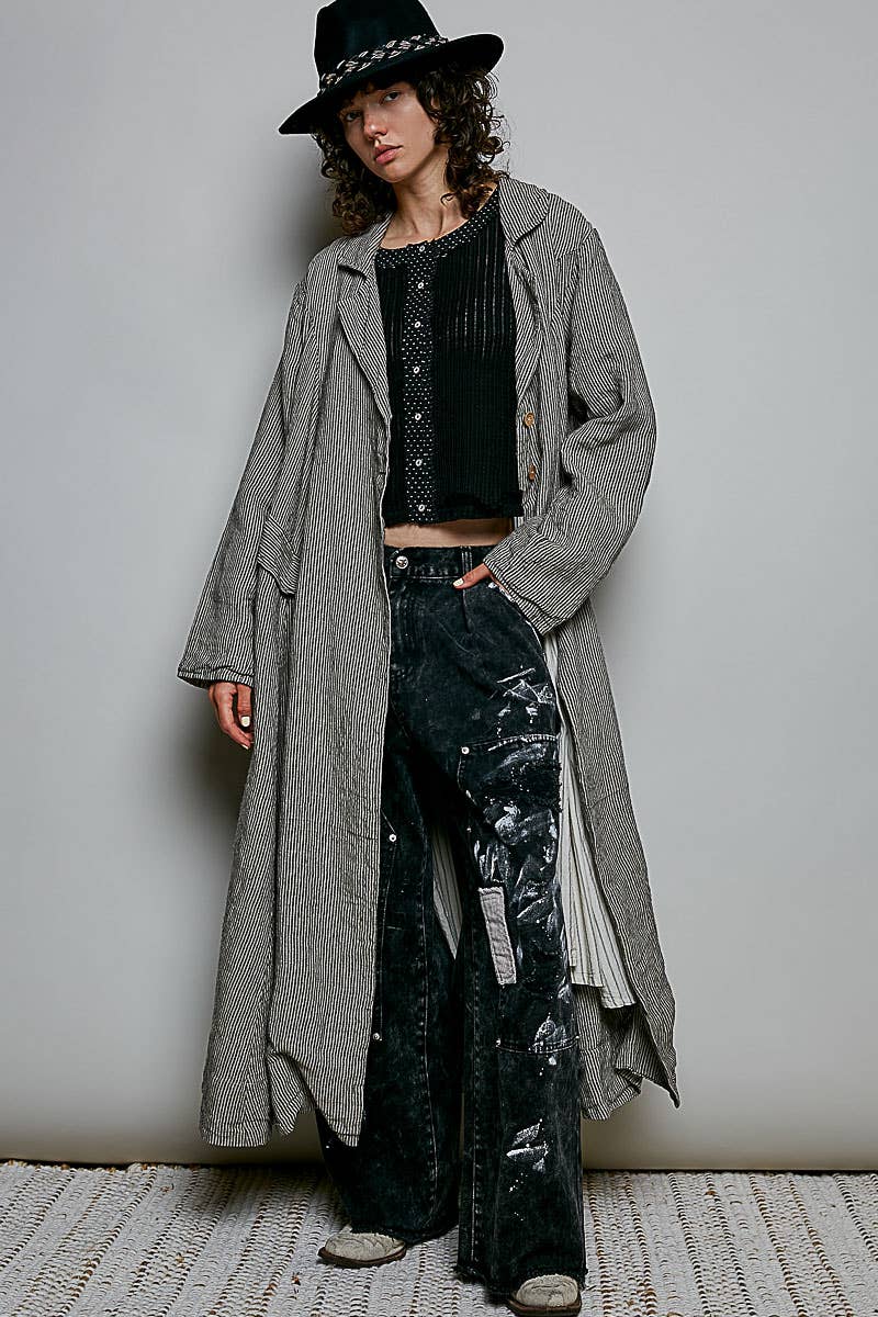 Soft Notched Collared Woven Maxi-Length Hem Duster Coat