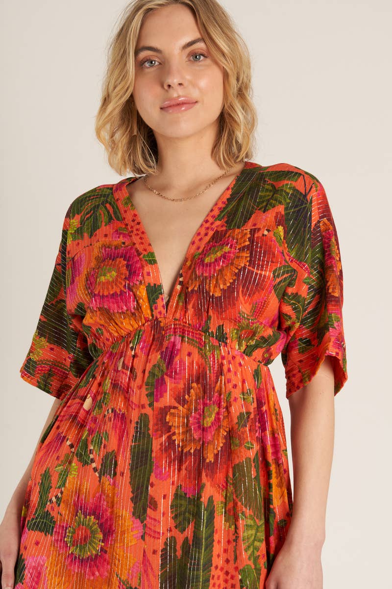 Tropical Print Mini Dress with Lurex Stripes