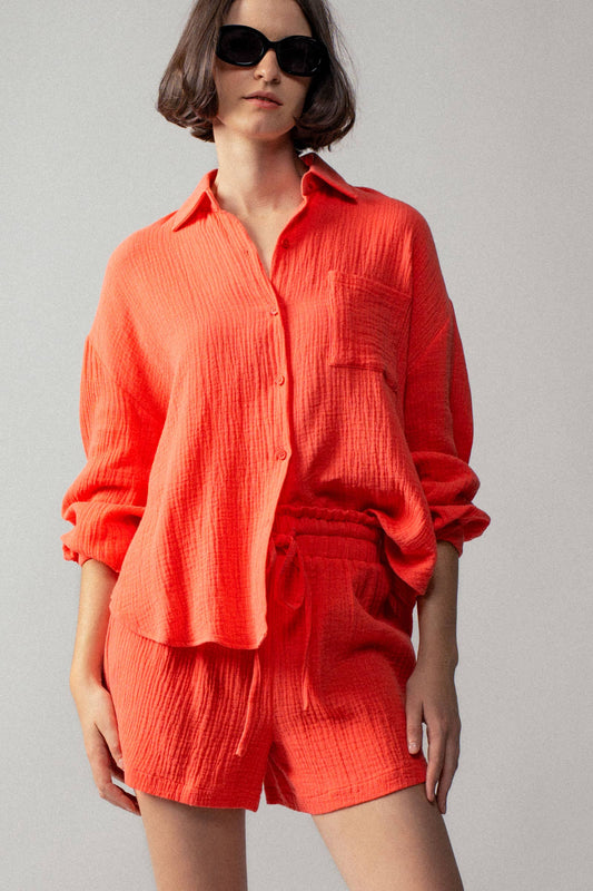 Coral Crinkle Cotton Gauze Resort Button-Up Set