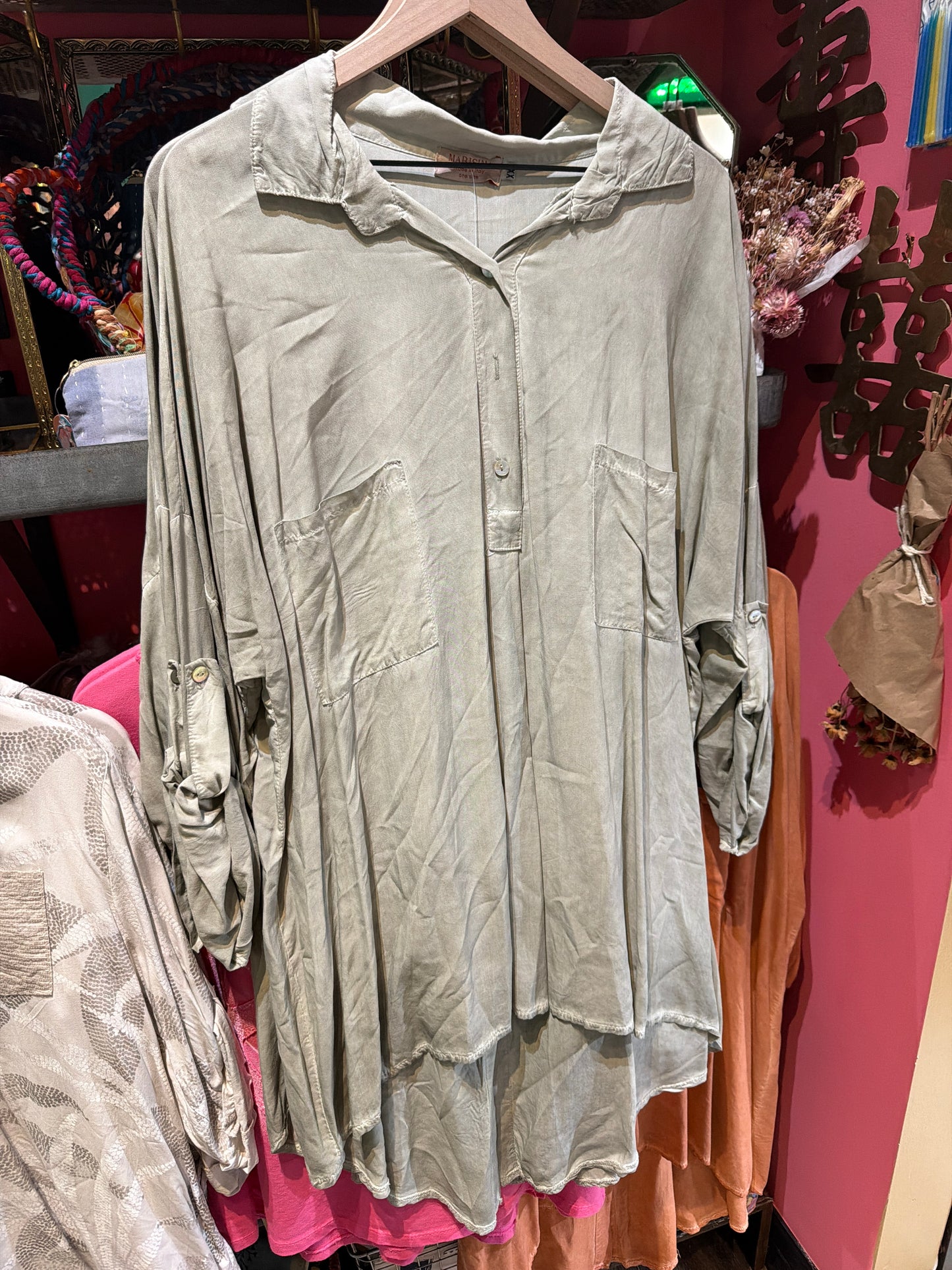 Mineral Wash Olive Green Button Up Tunic Top