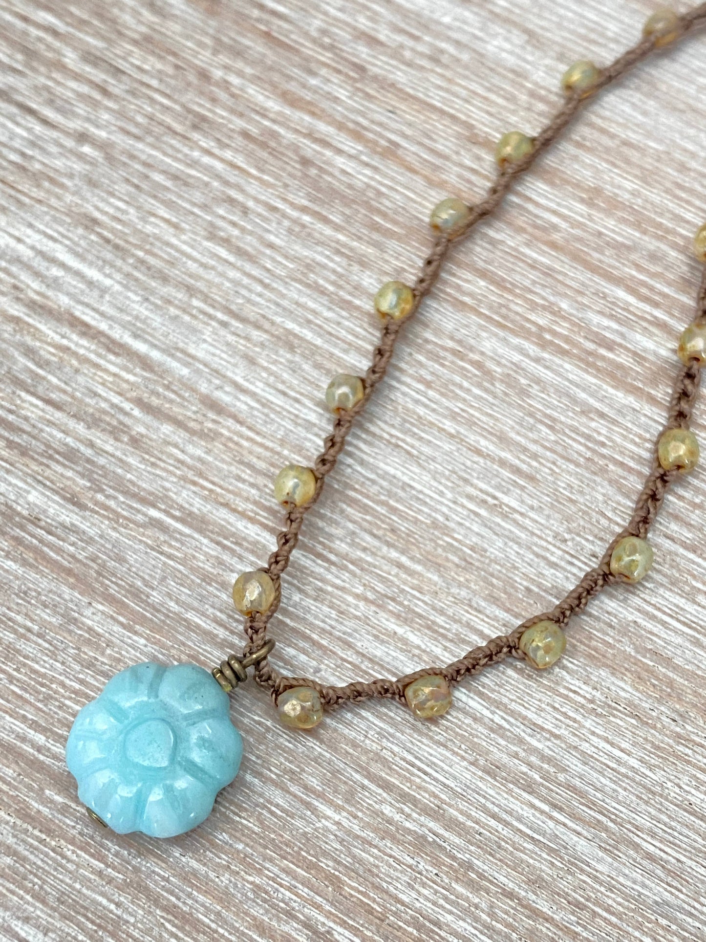 Carved Stone Amazonite Flower On Crocheted Crystal Strand
