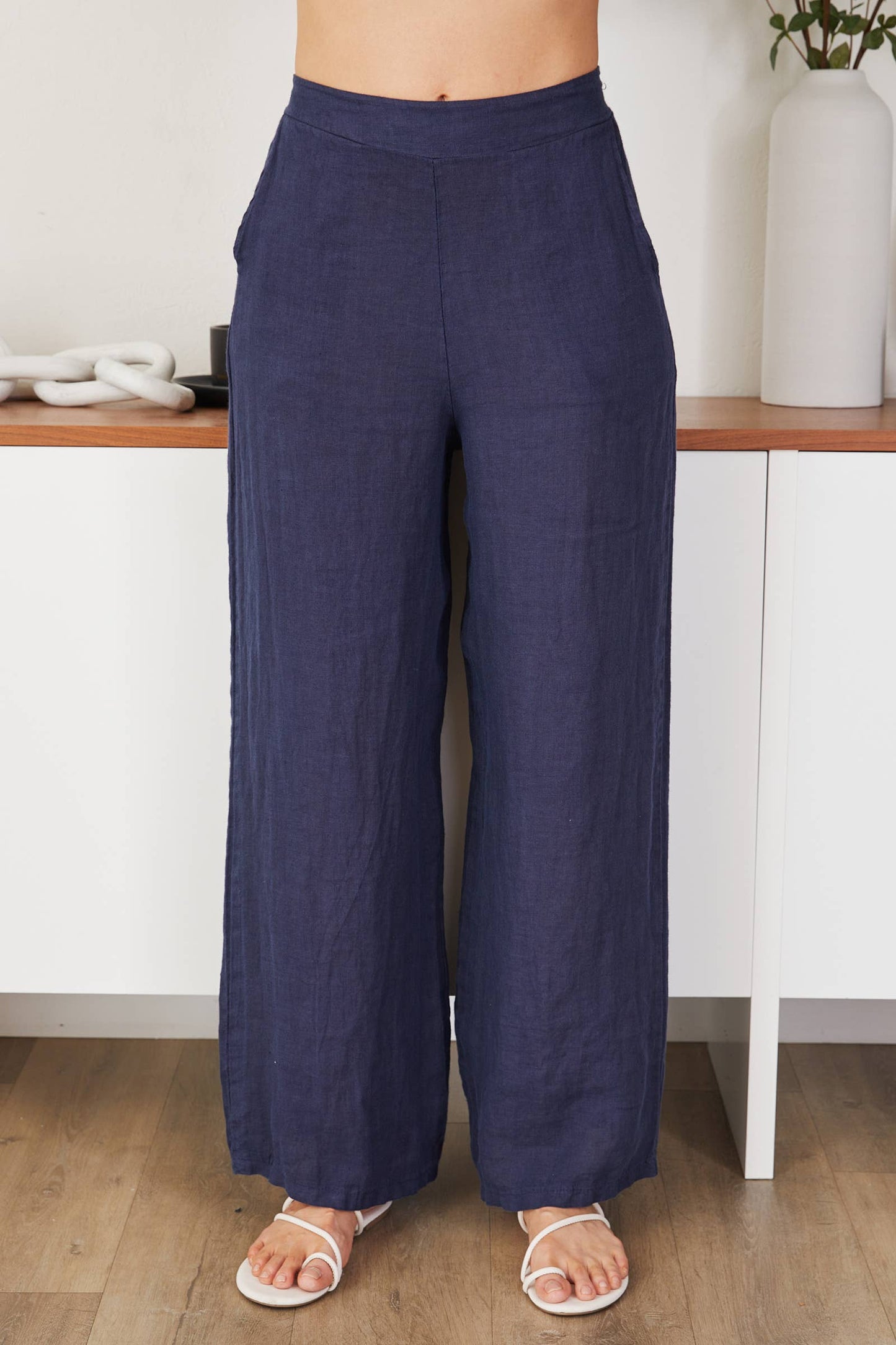 Navy Linen Smocked Waist Palazzo Pants