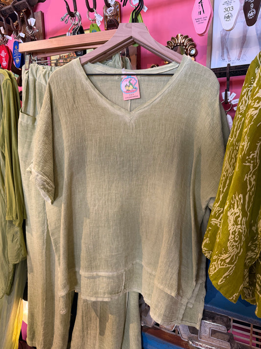 Green Linen Short Sleeve Blouse