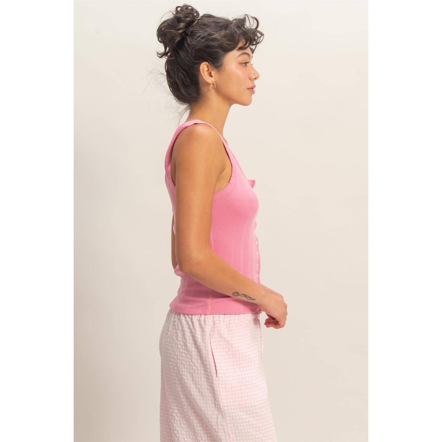 Pointelle Button Front Scoop Neck Tank Top