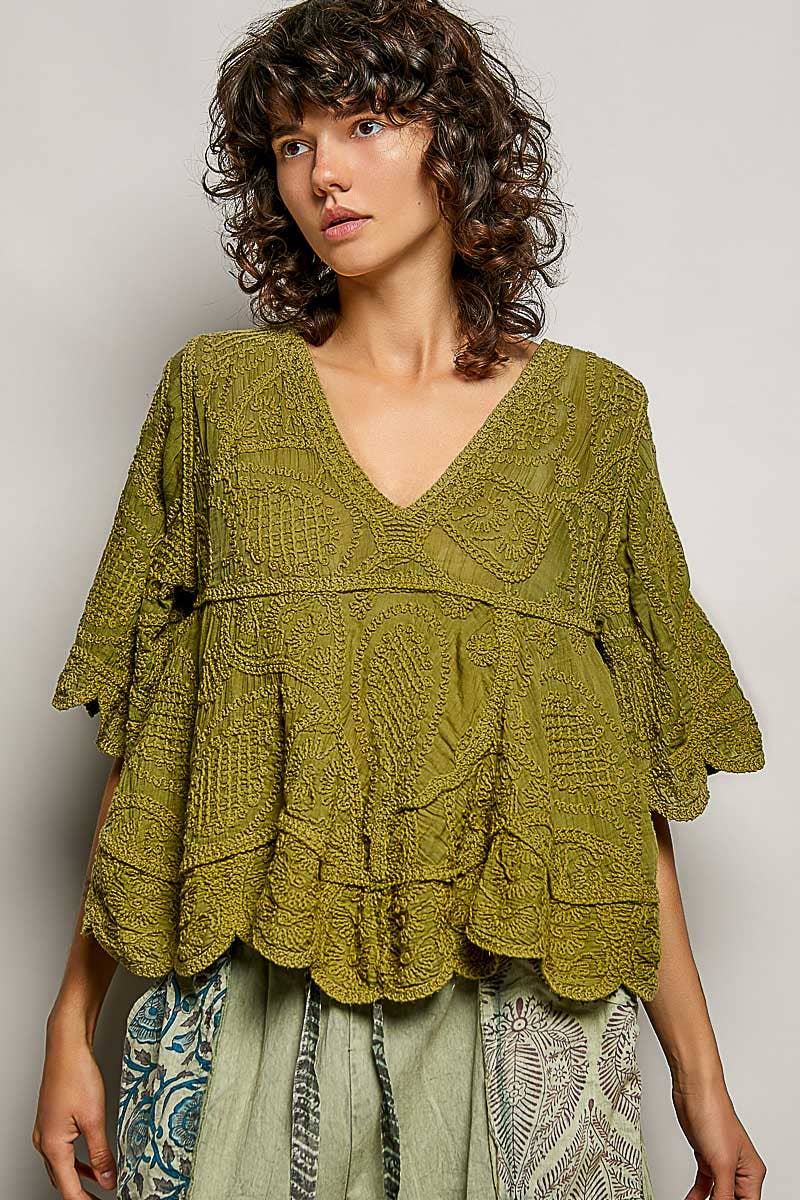 Short Sleeve V-neck Vintage Washing Solid Crochet Top