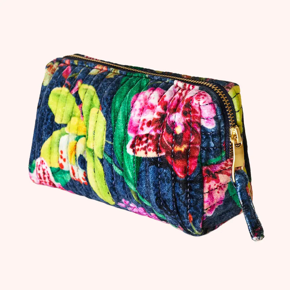 Navy Botanical Velvet Quilted Vanity Bag
