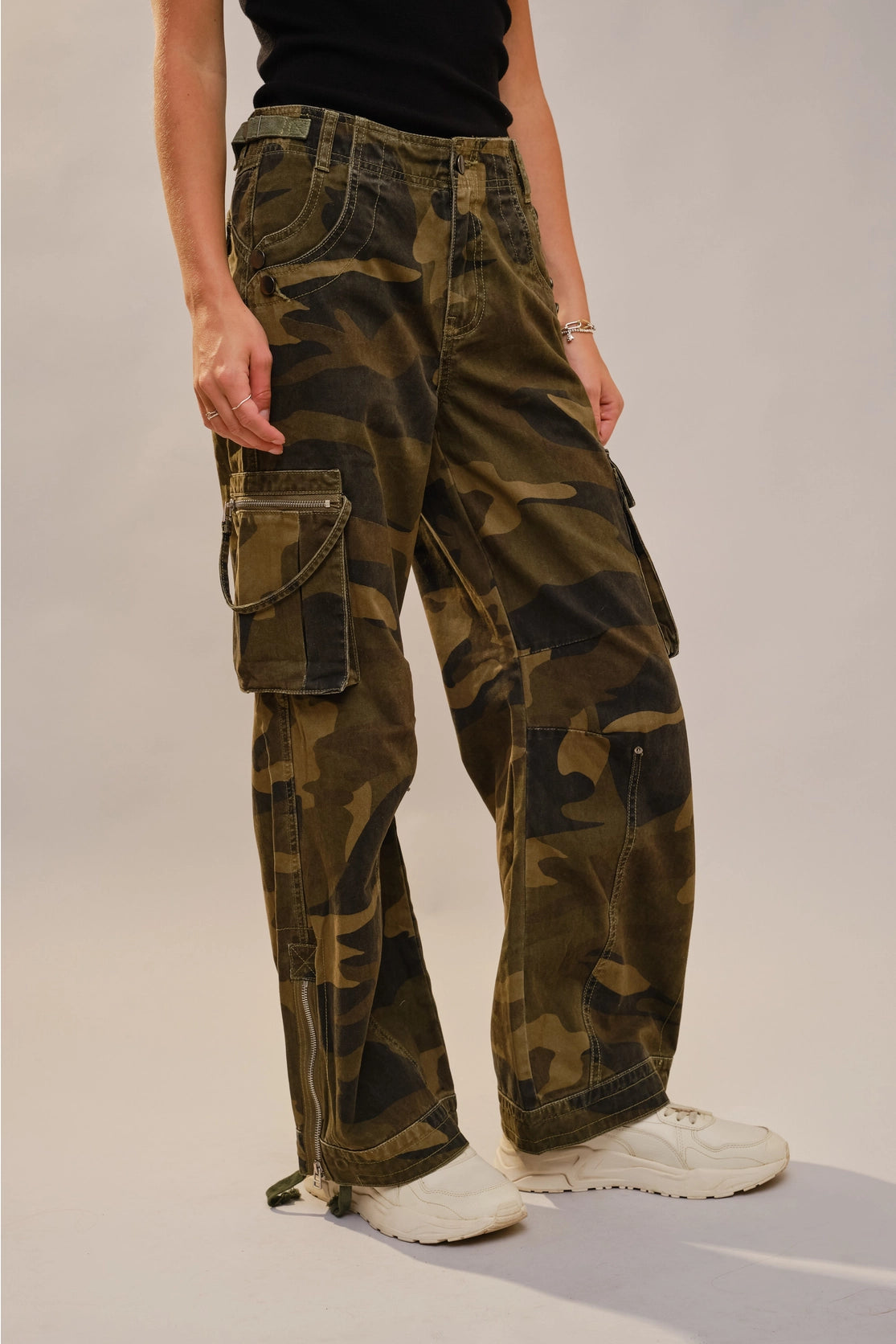 Camo Cargo Pants with Studs and Drawstring