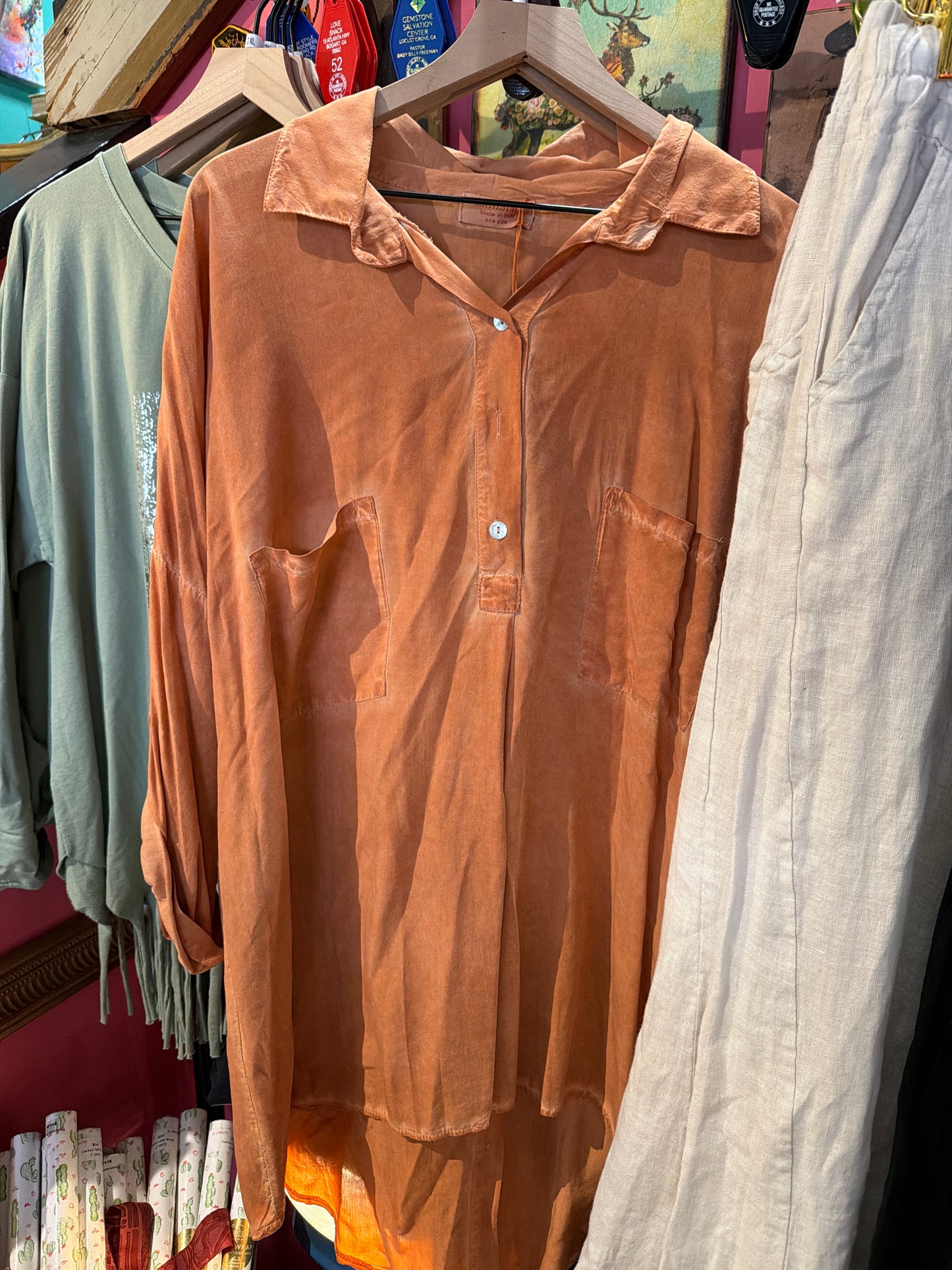 Mineral Wash Burnt Orange Button Up Tunic Top