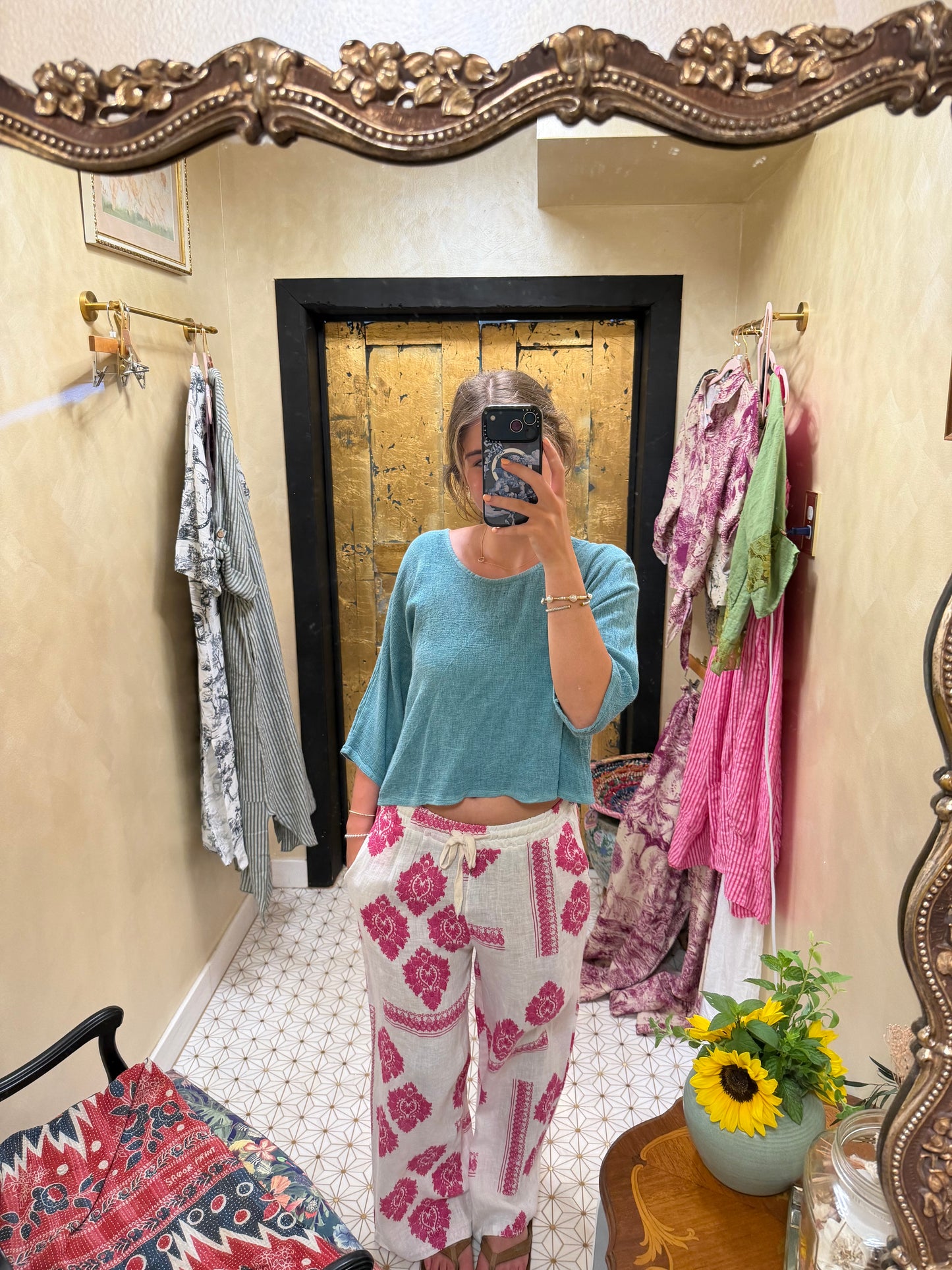 Fuchsia Linen Damask Drawstring Waist Pants