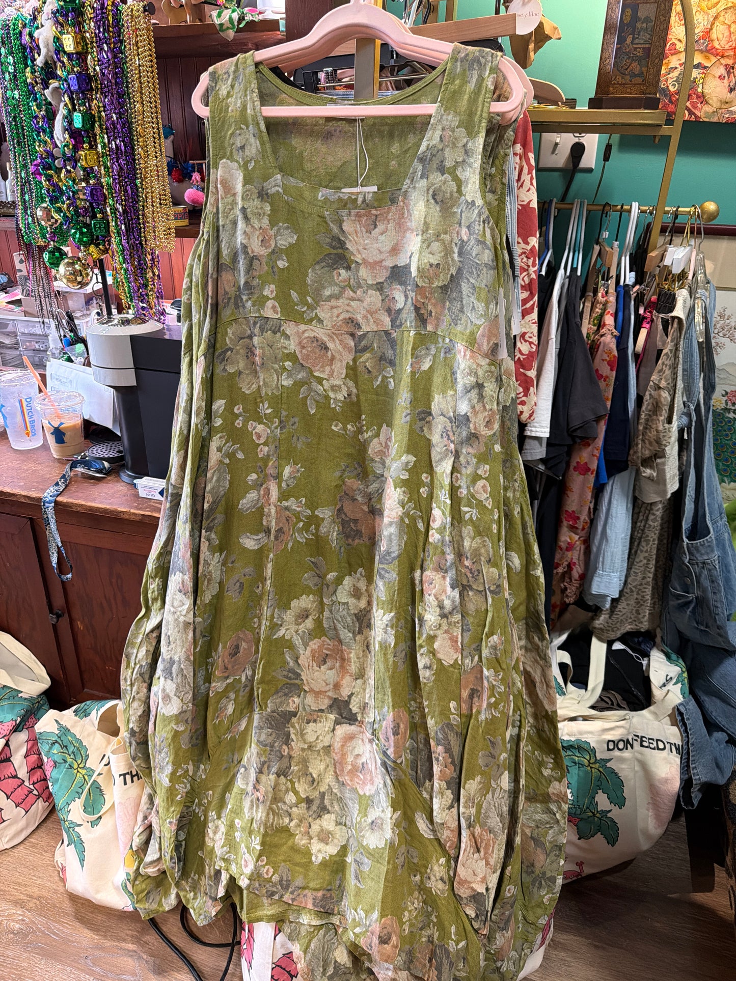 Green Floral Linen Maxi Dress