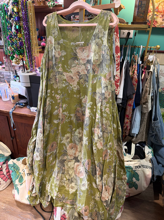 Green Floral Linen Maxi Dress