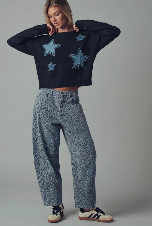 Blue Leopard Print Denim Barrel Jeans