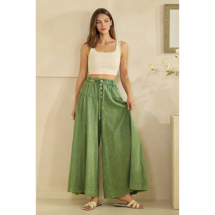 GREEN WASHED PINTUCK WIDE LEG Pants