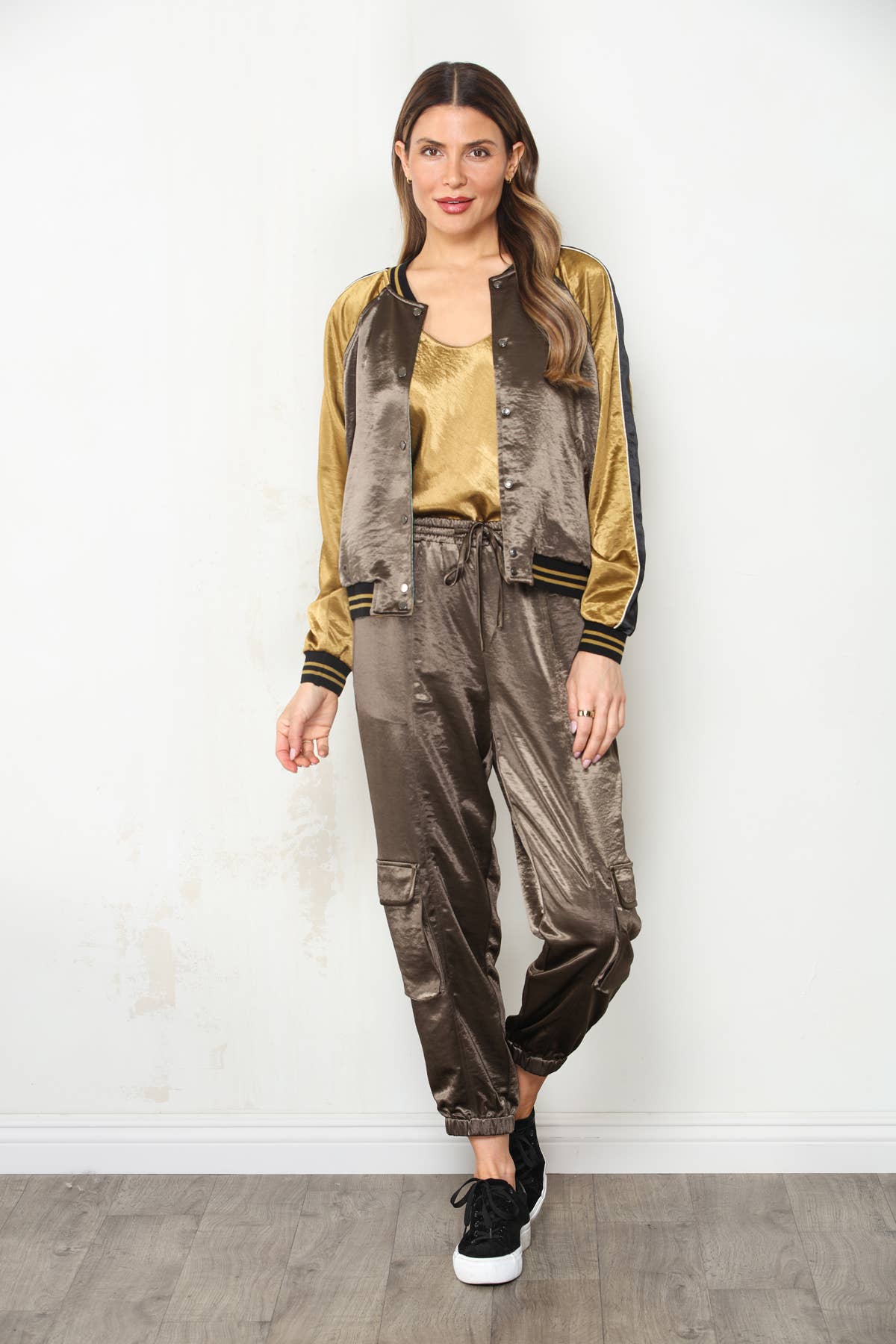 PRE ORDER AUG 7-12 Reversible Patchwork Hammered Satin Bomber Jacket