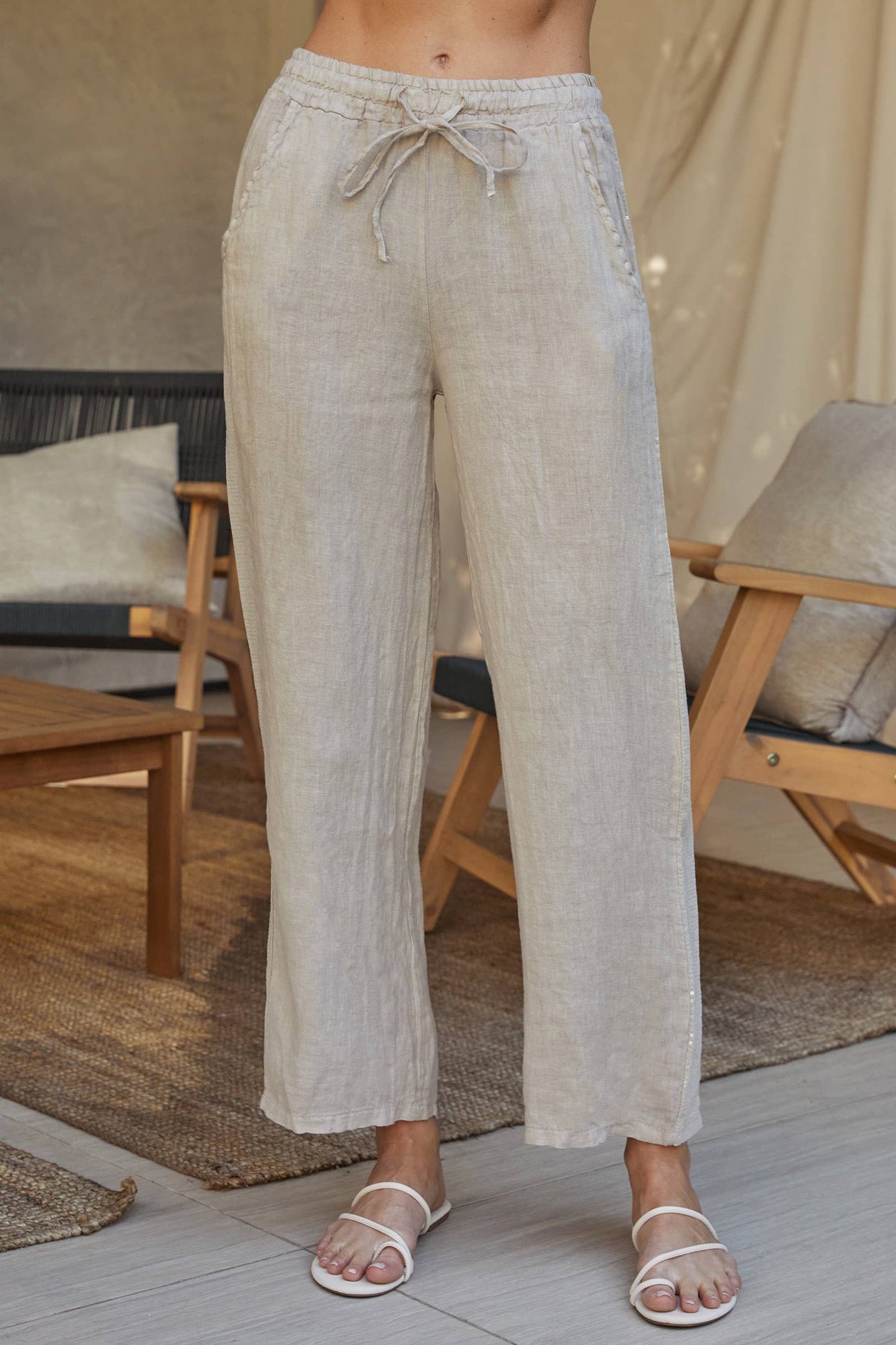 Linen Pants with Beige Sequin Side Stripe Pants