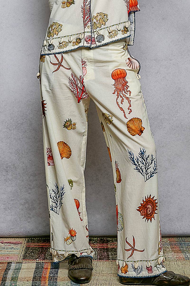 Sea-Inspired Print Shell Trim Contrast Stitch Pants