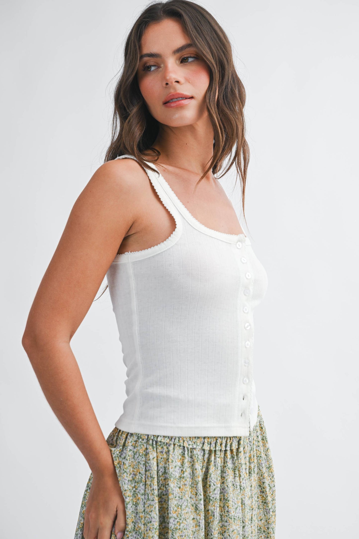Pointelle Button Front Cami Tank