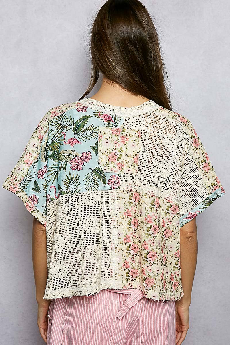 V-Neck Lace See Through Double Gauze Blouse