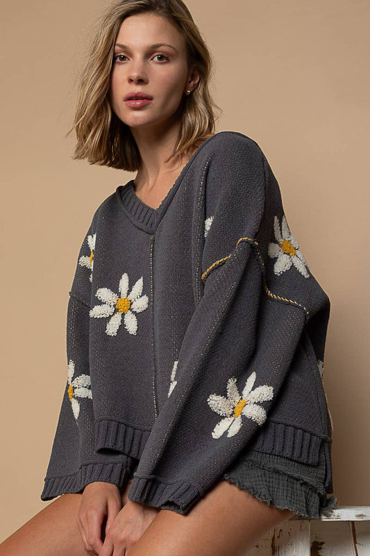 Charcoal V-Neck Berber Daisy Pattern Chenille Pullover Sweater