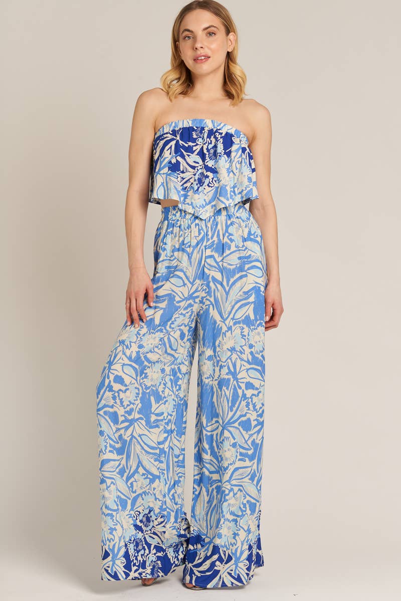 Blue Patterned Tube Crop Top and Wide Leg Pants Set