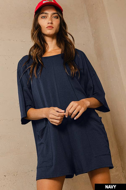 Navy Crew Neckline V-back Oversized Solid Romper