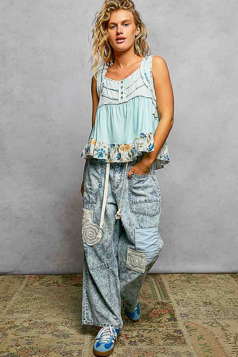 Square Neck Jersey Floral Trim Boho Tank Top