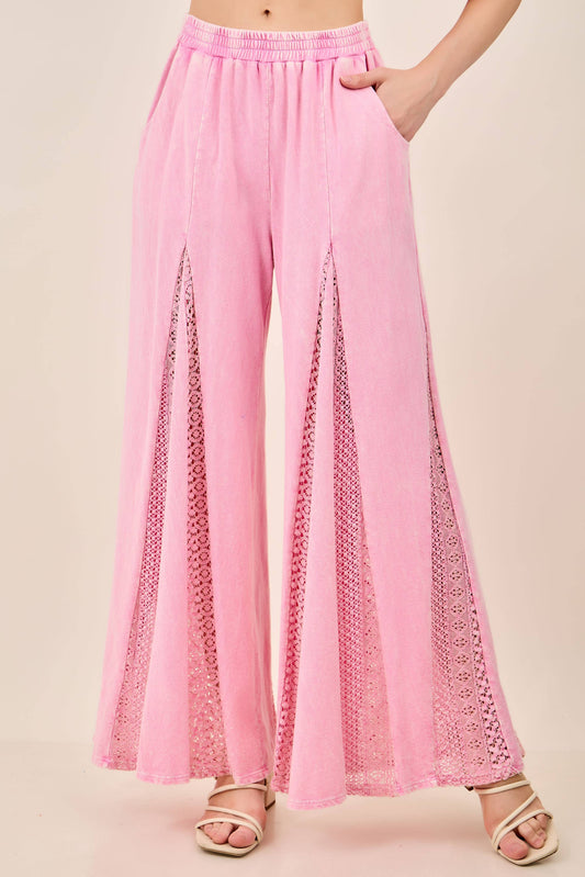Pink Mineral Washed Lace Flare Hippie Boho Pants