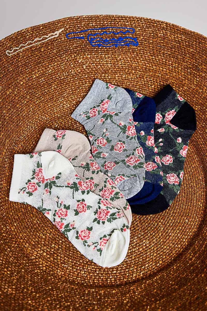 Allover Floral Print Classic Ribbed Cuff Knit Crew Socks
