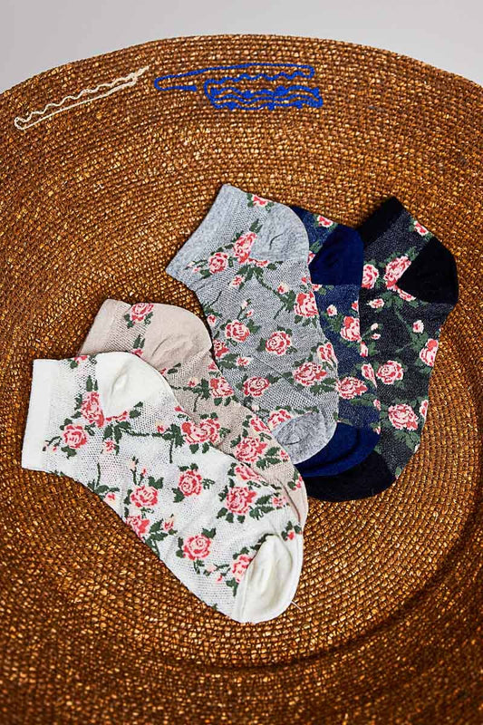 Allover Floral Print Classic Ribbed Cuff Knit Crew Socks