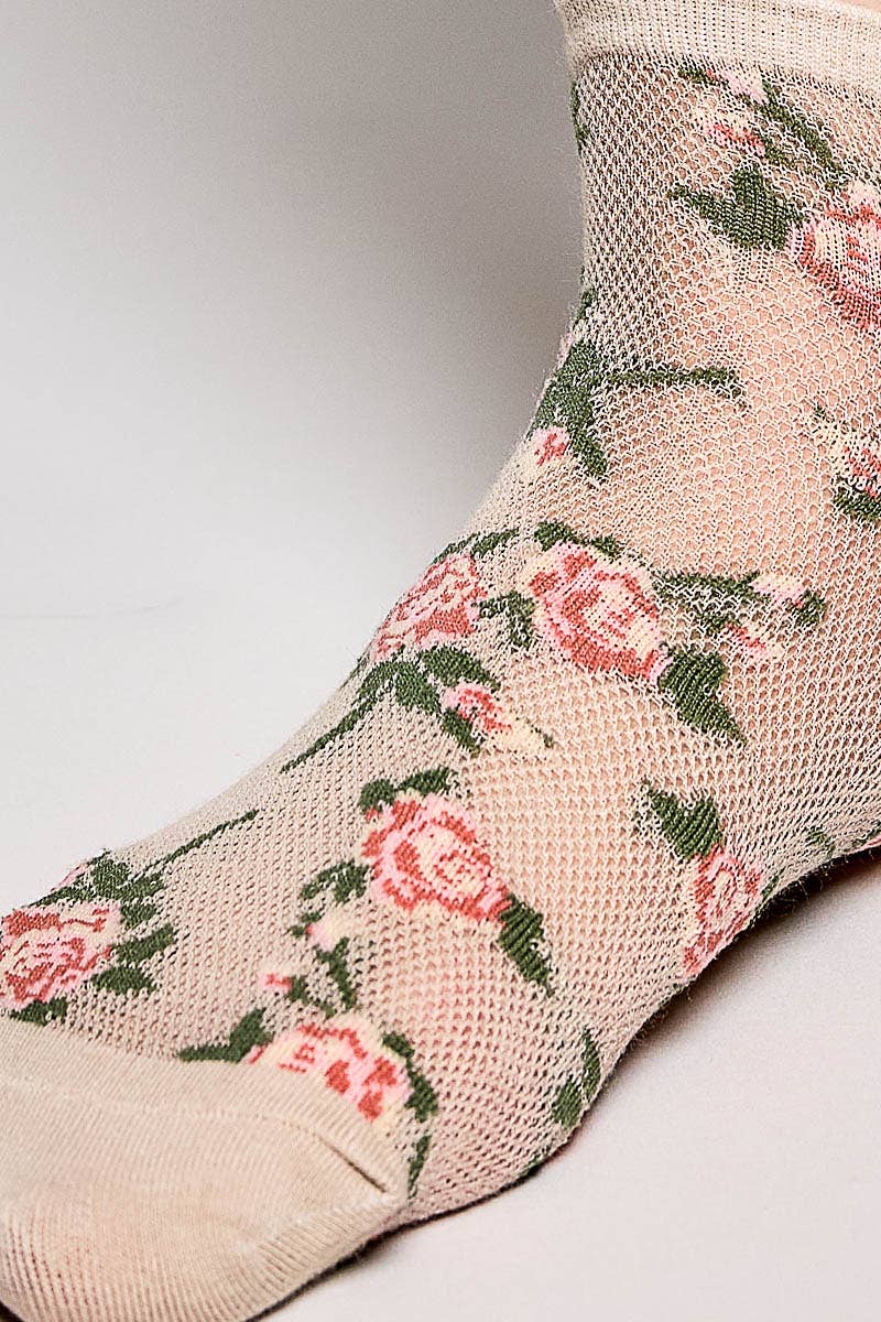 Allover Floral Print Classic Ribbed Cuff Knit Crew Socks