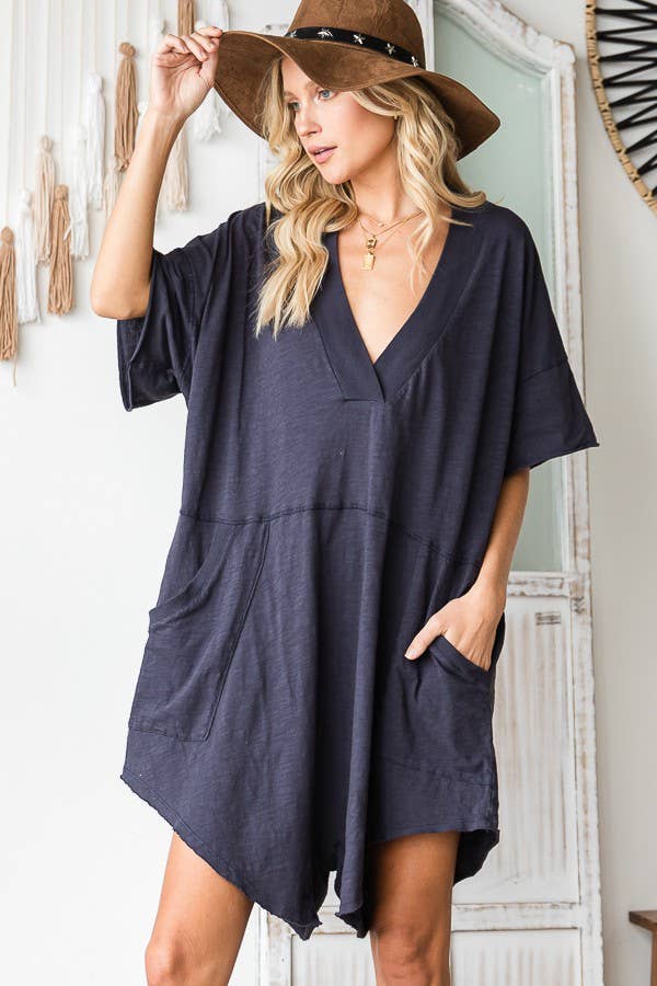 Navy Oversized Solid Romper with Pockets