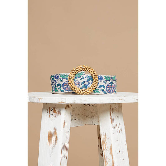 Blue Floral Print Circular Buckle Belt