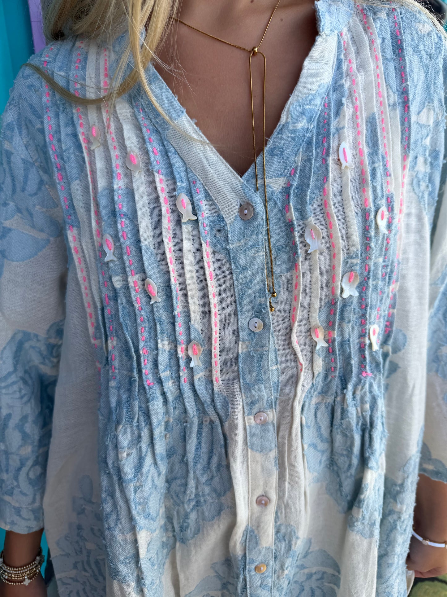 Embroidered Cotton Pinstripe Tunic Dress