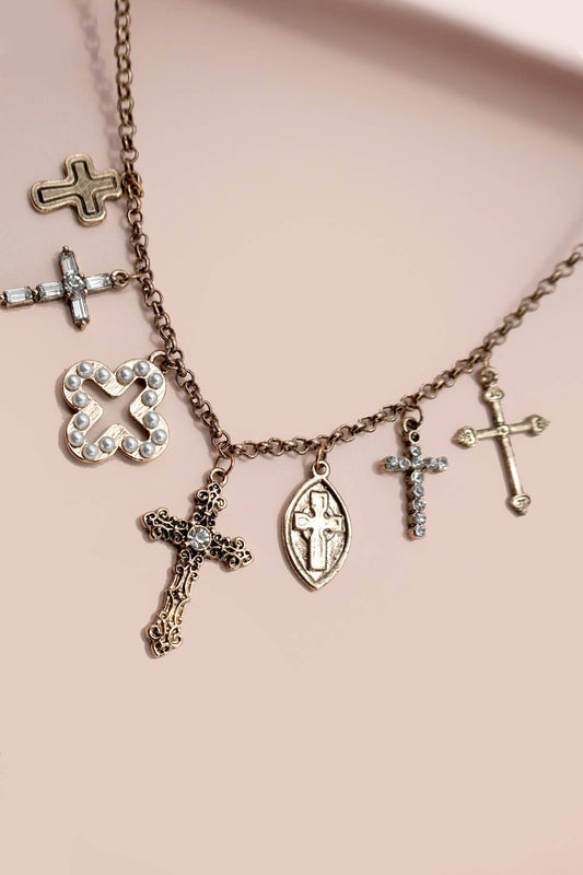 CHARM NECKLACE-BURNISH GOLD CROSS CHARMS