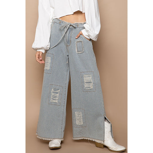 Distressed Lightweight Railroad Stripe Denim Pants w Frayed Edges