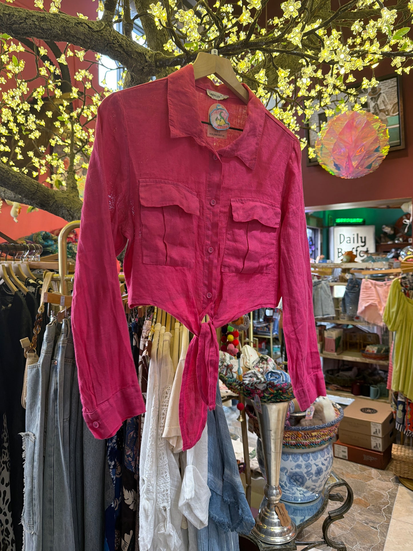 Fuchsia Pink Linen Tie-Front Top