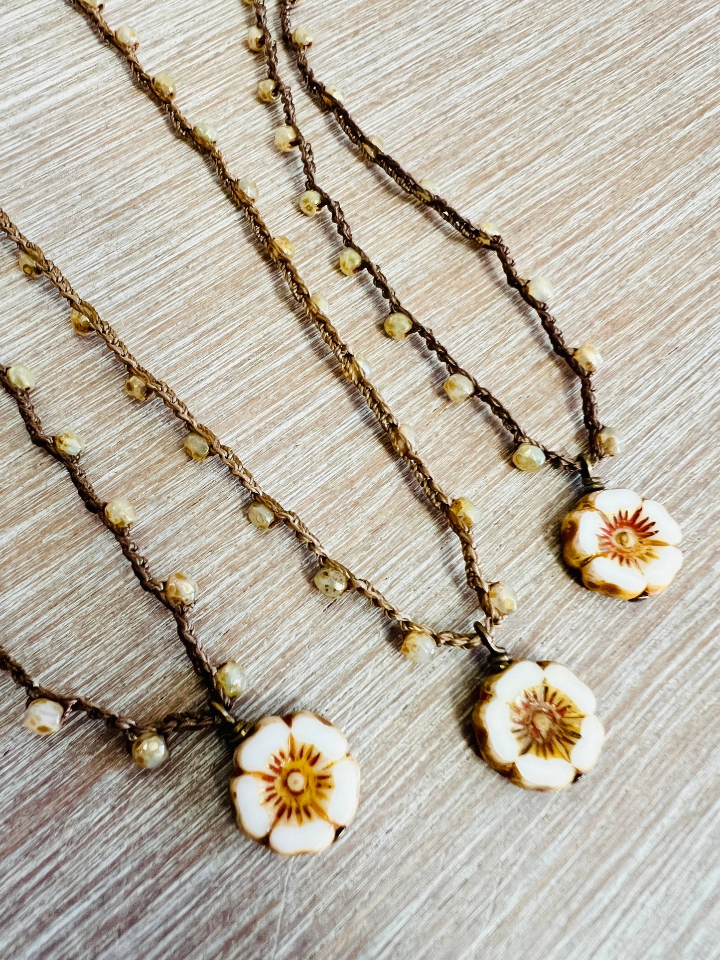 Ivory And Sand Pressed Glass Flower On Crocheted Crystal