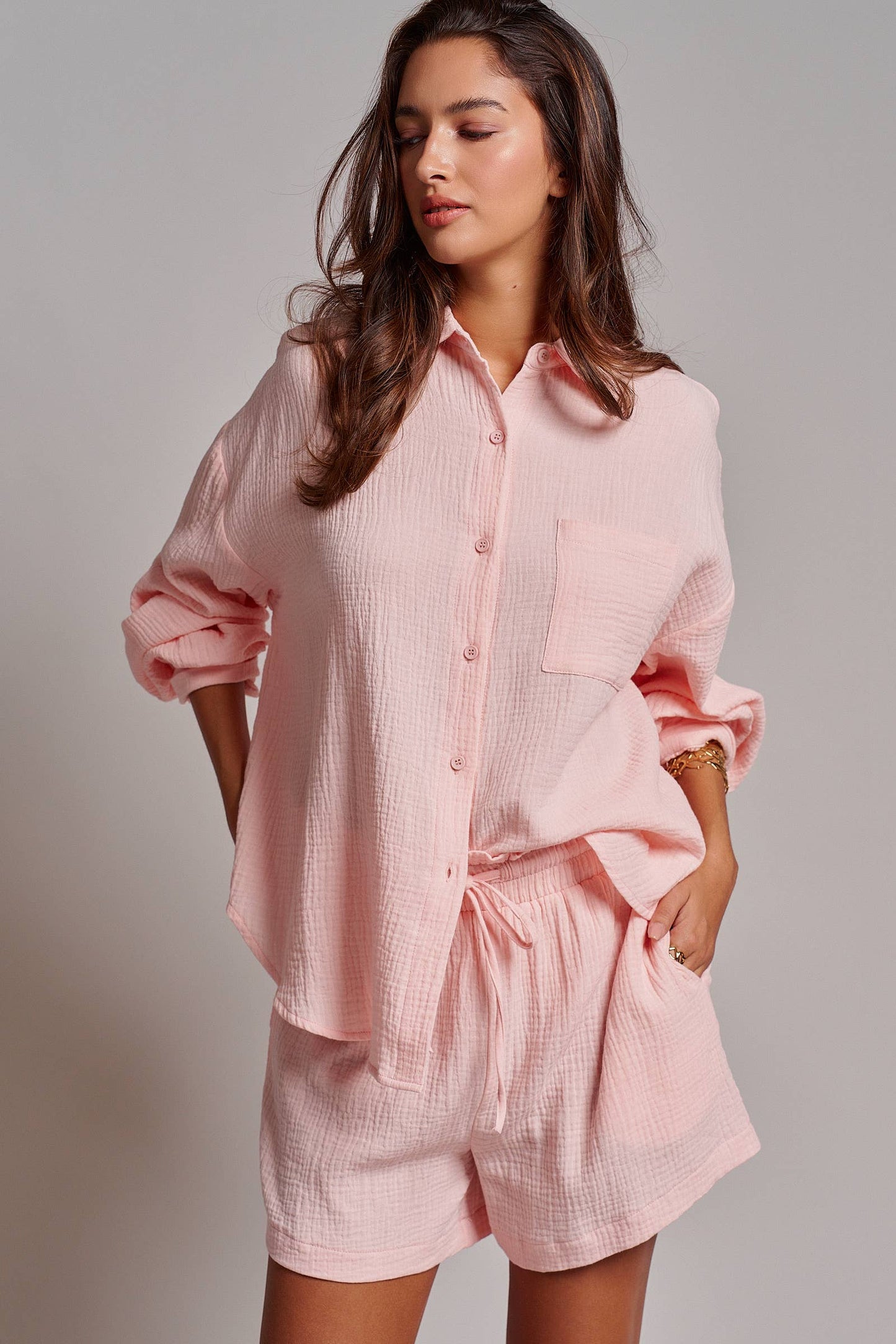 Pink Crinkle Cotton Gauze Resort Button-Up Set