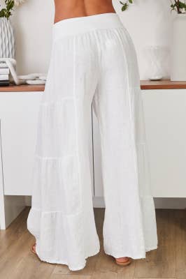 WHITE LINEN TIERED PALAZZO PANT