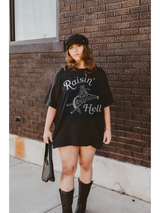 Raisin’ Hell Oversized Western Graphic Tee - Black