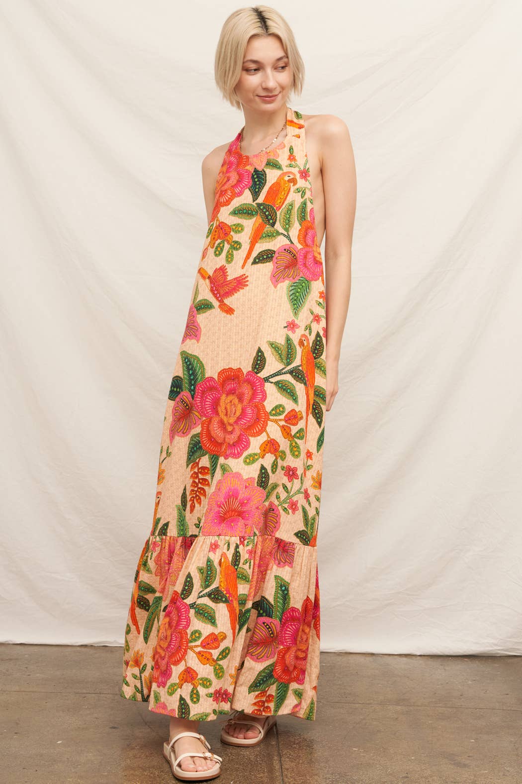 Textured Tropical Print Halter Neck Maxi Dress