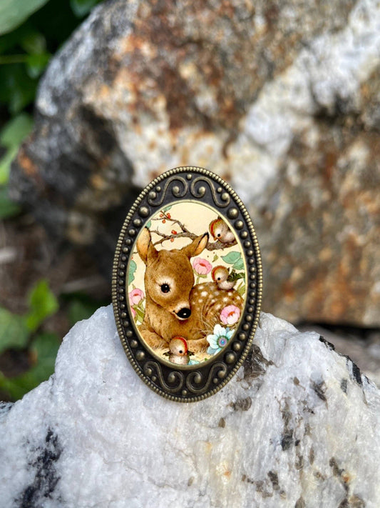 Deer and Bird Antiqued Bronze Adjustable Ring