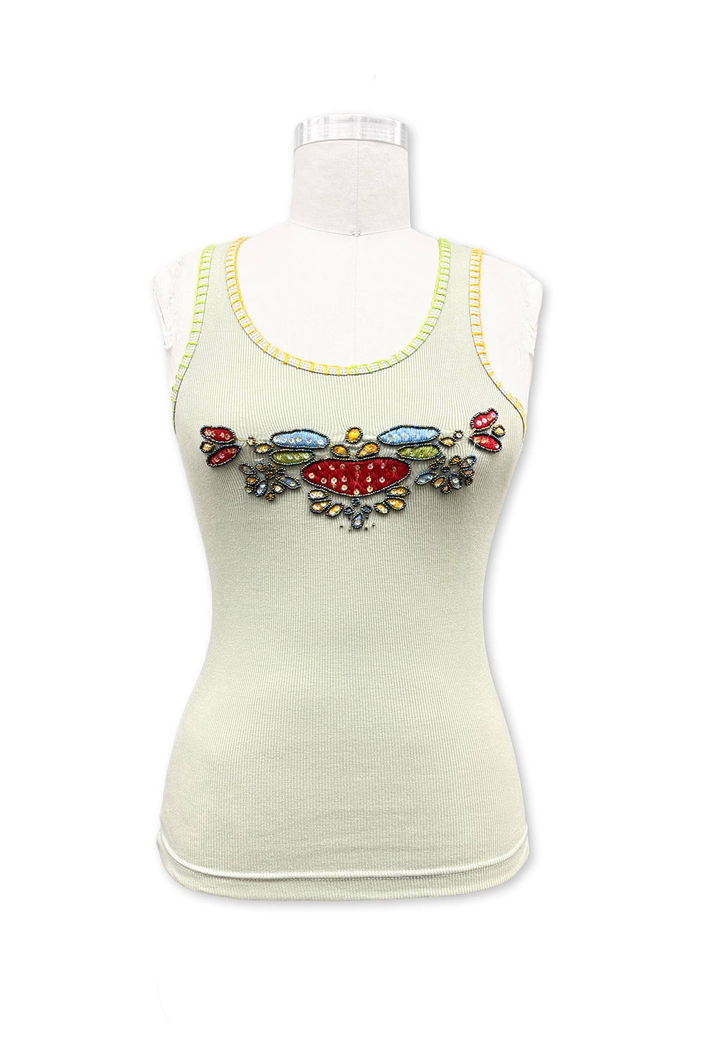 SHIP AUG 7-12 Retro Embroidered & Bead Trim Rib Tank